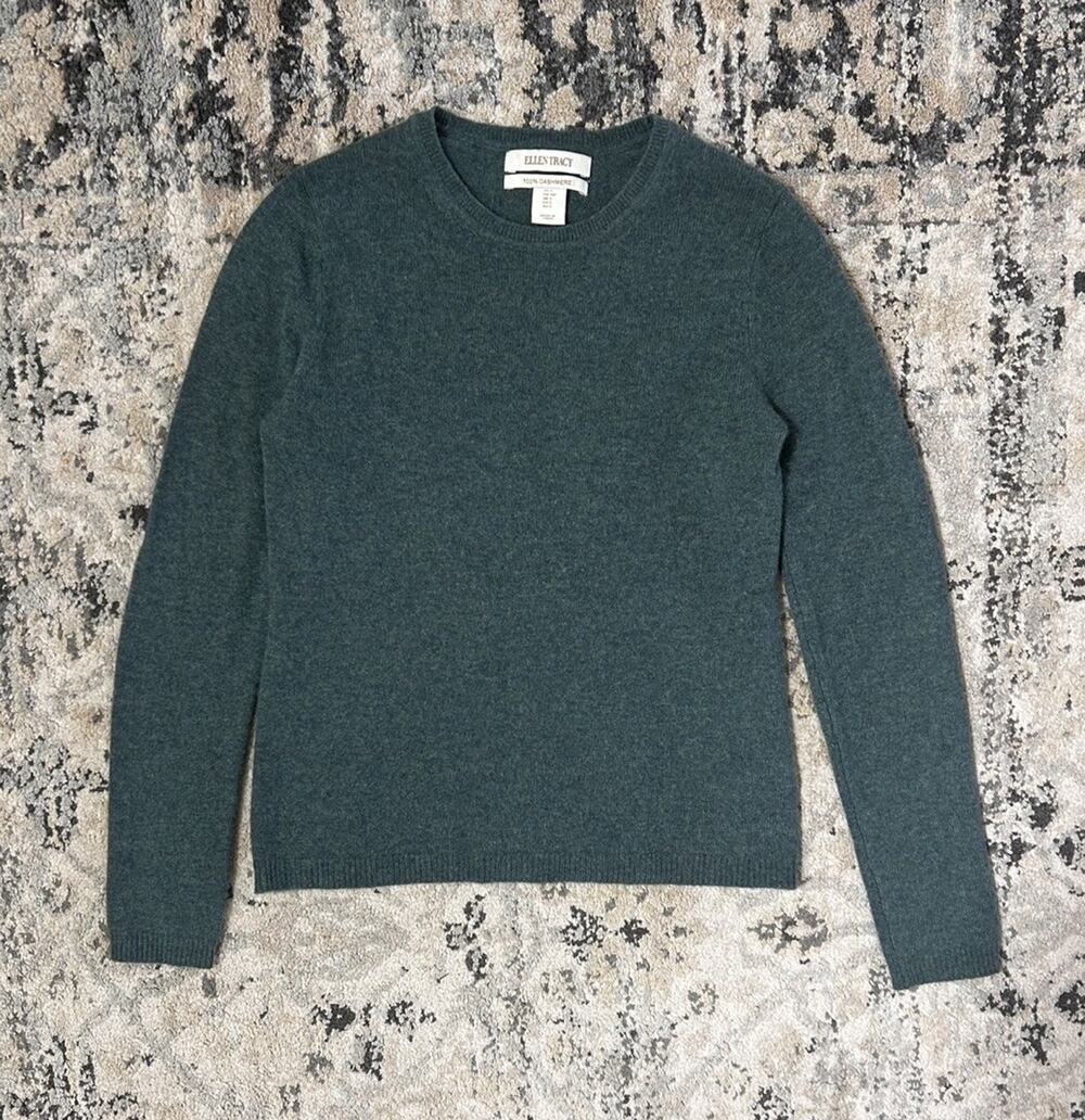 Ellen Tracy 100% Cashmere Crewneck Sweater Blue Green Women’s Size Small